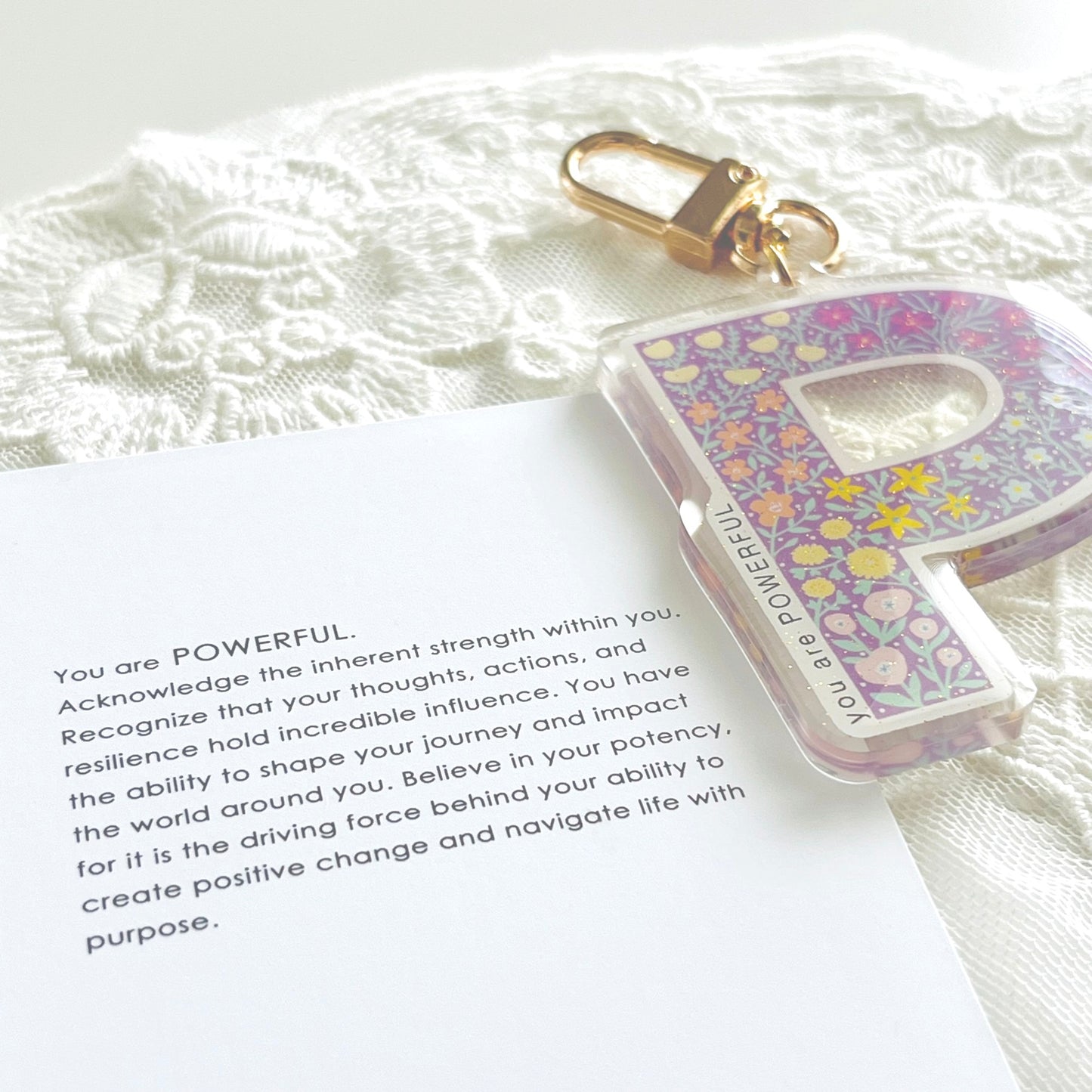 Letter P Affirmation Keychain – POWERFUL Floral Acrylic Charm