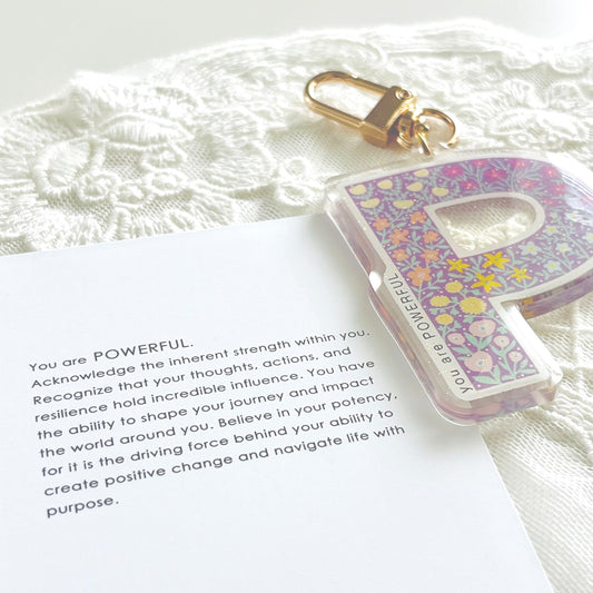 Letter P Affirmation Keychain – POWERFUL Floral Acrylic Charm