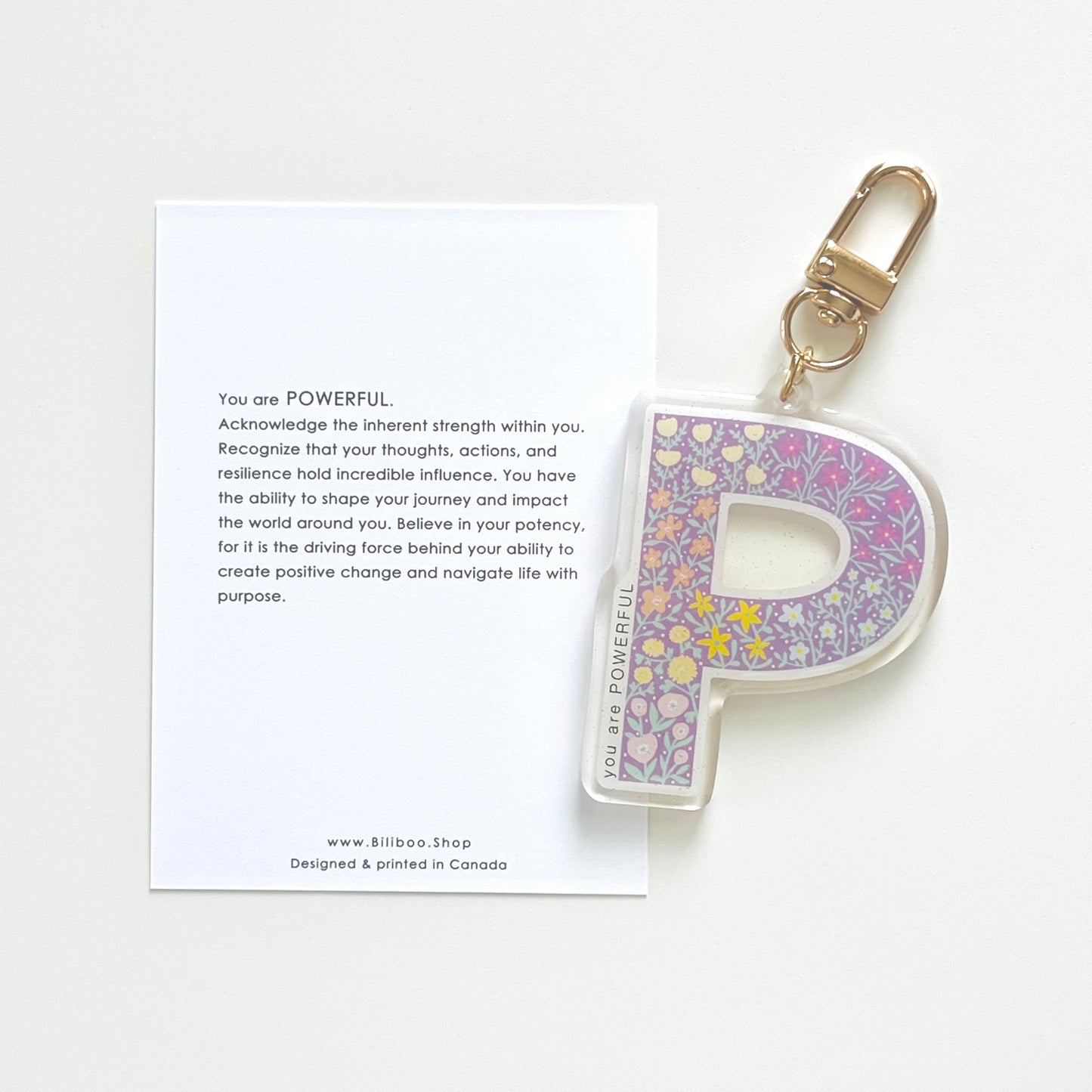 Letter P Affirmation Keychain – POWERFUL Floral Acrylic Charm
