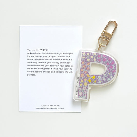Letter P Affirmation Keychain – POWERFUL Floral Acrylic Charm