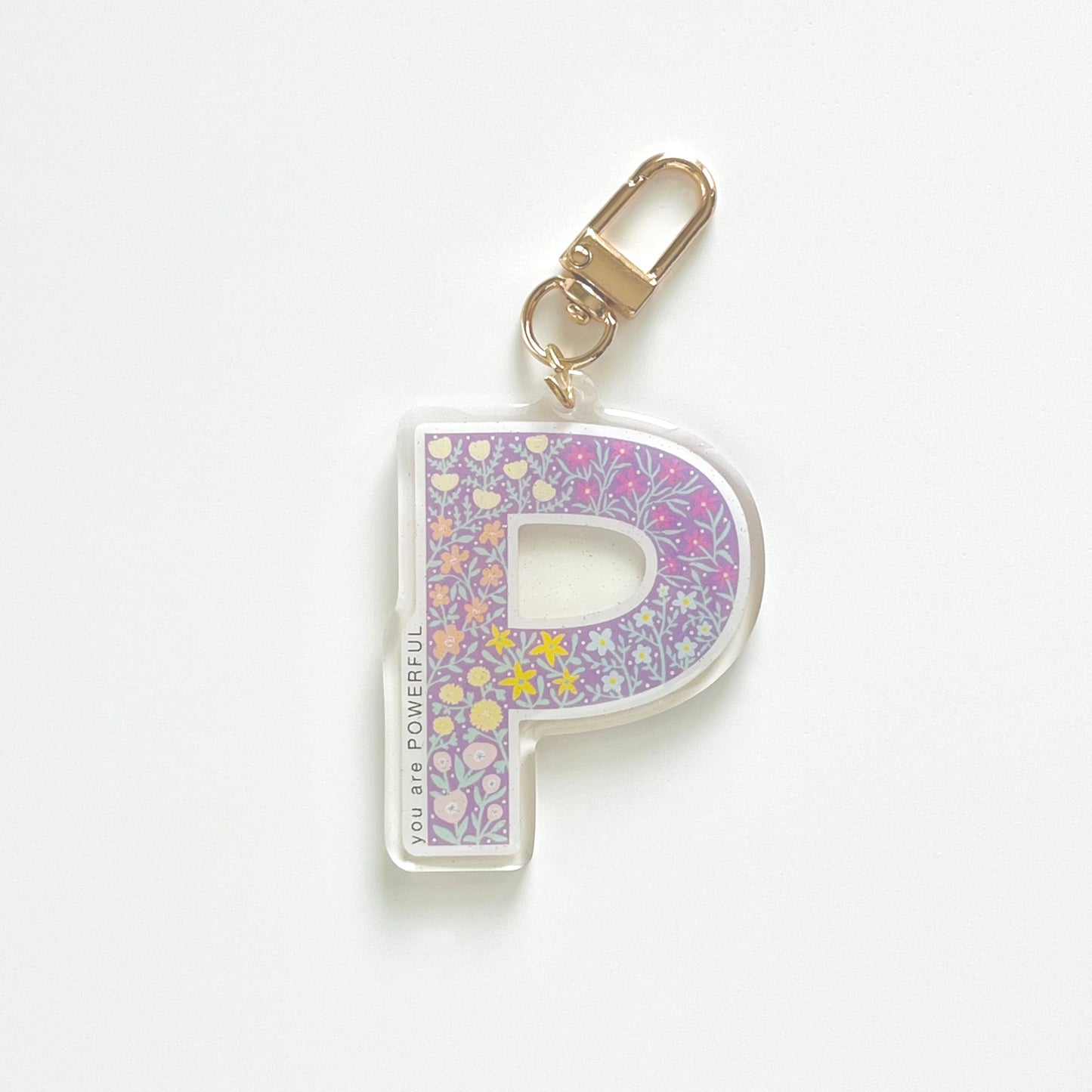 Letter P Affirmation Keychain – POWERFUL Floral Acrylic Charm