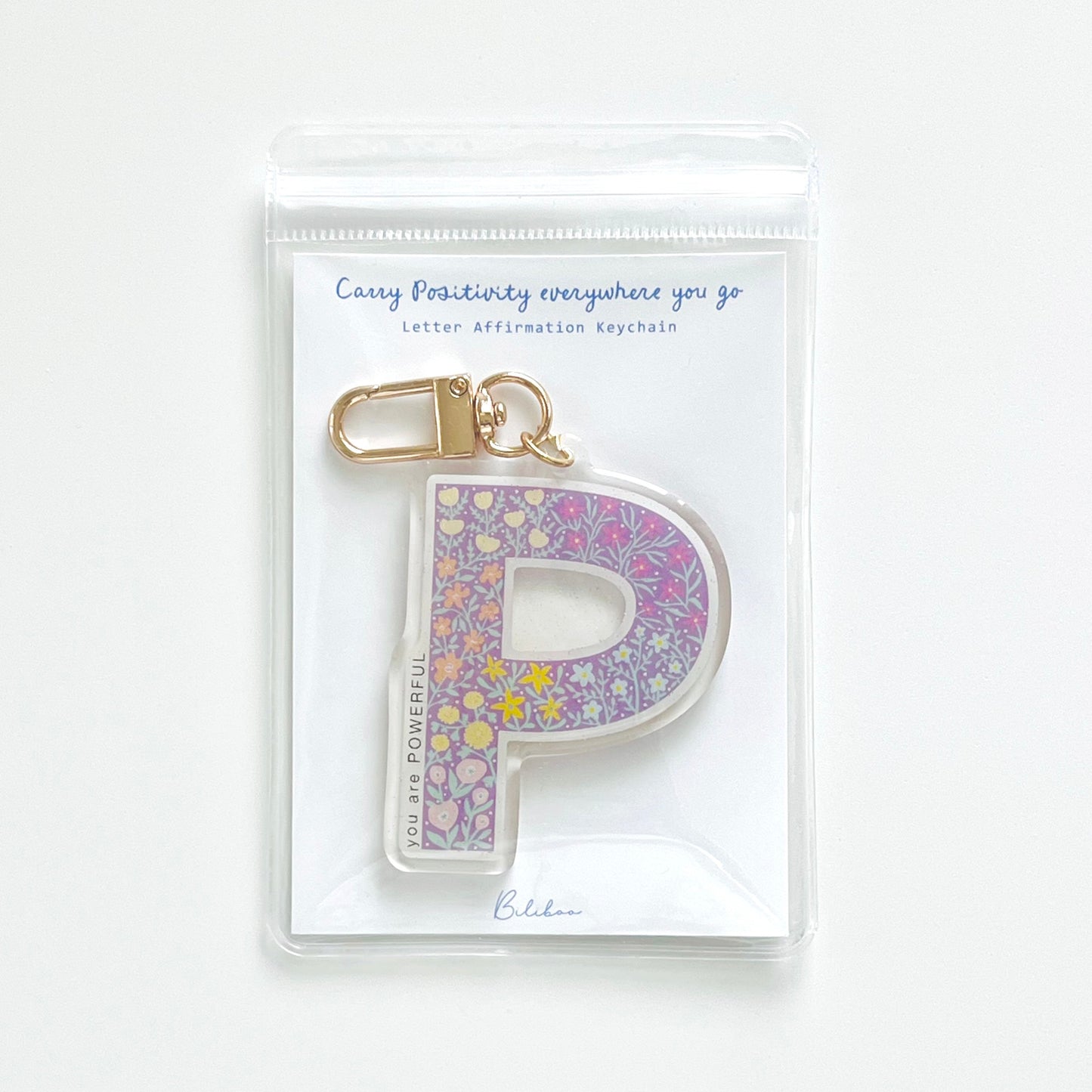 Letter P Affirmation Keychain – POWERFUL Floral Acrylic Charm