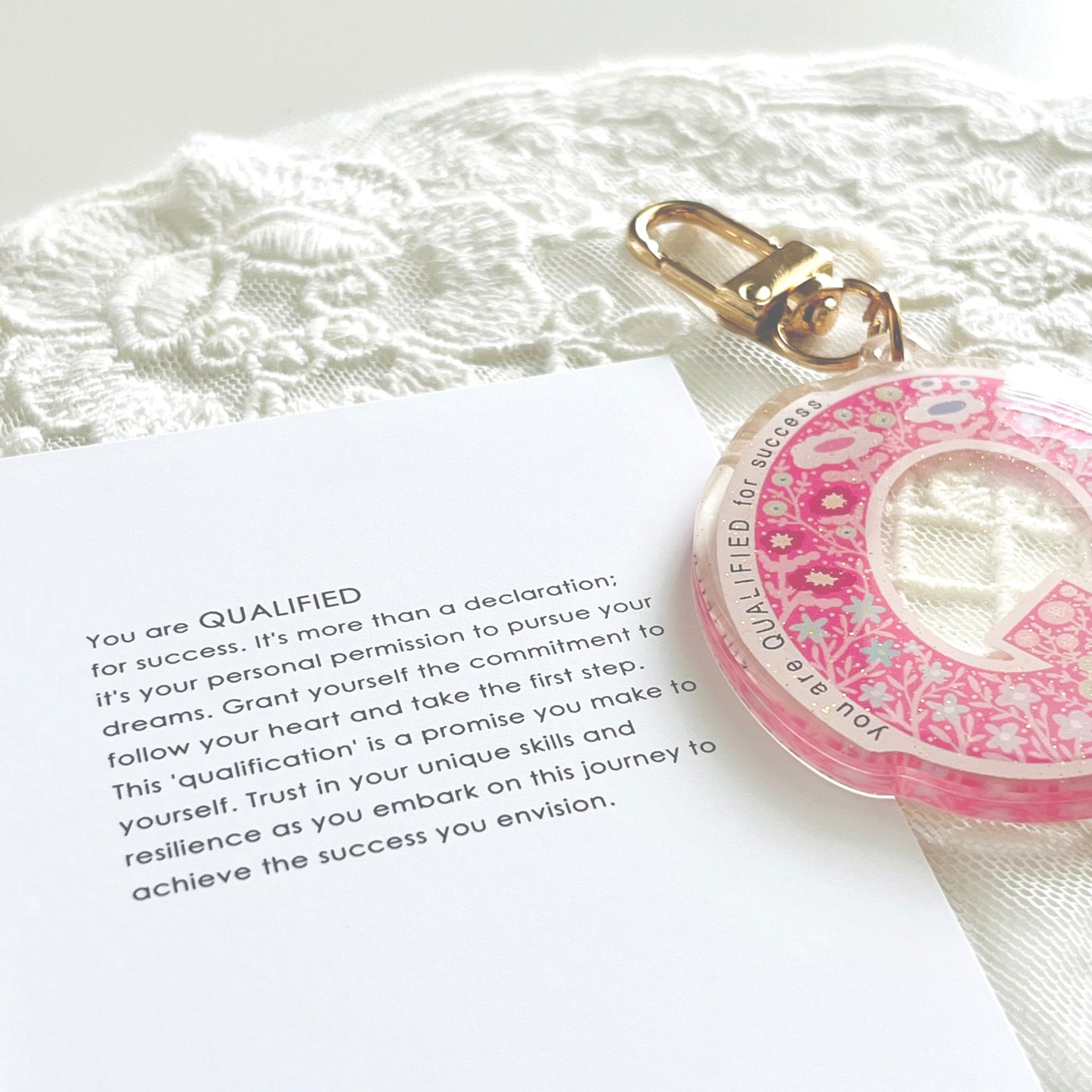 Letter Q Affirmation Keychain – QUALIFIED Floral Acrylic Charm