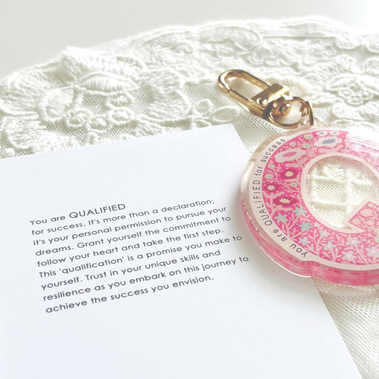Letter Q Affirmation Keychain – QUALIFIED Floral Acrylic Charm