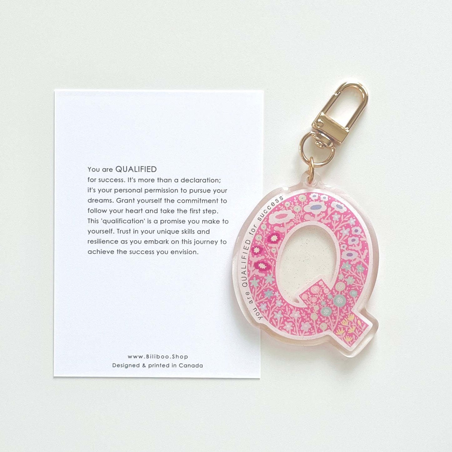 Letter Q Affirmation Keychain – QUALIFIED Floral Acrylic Charm