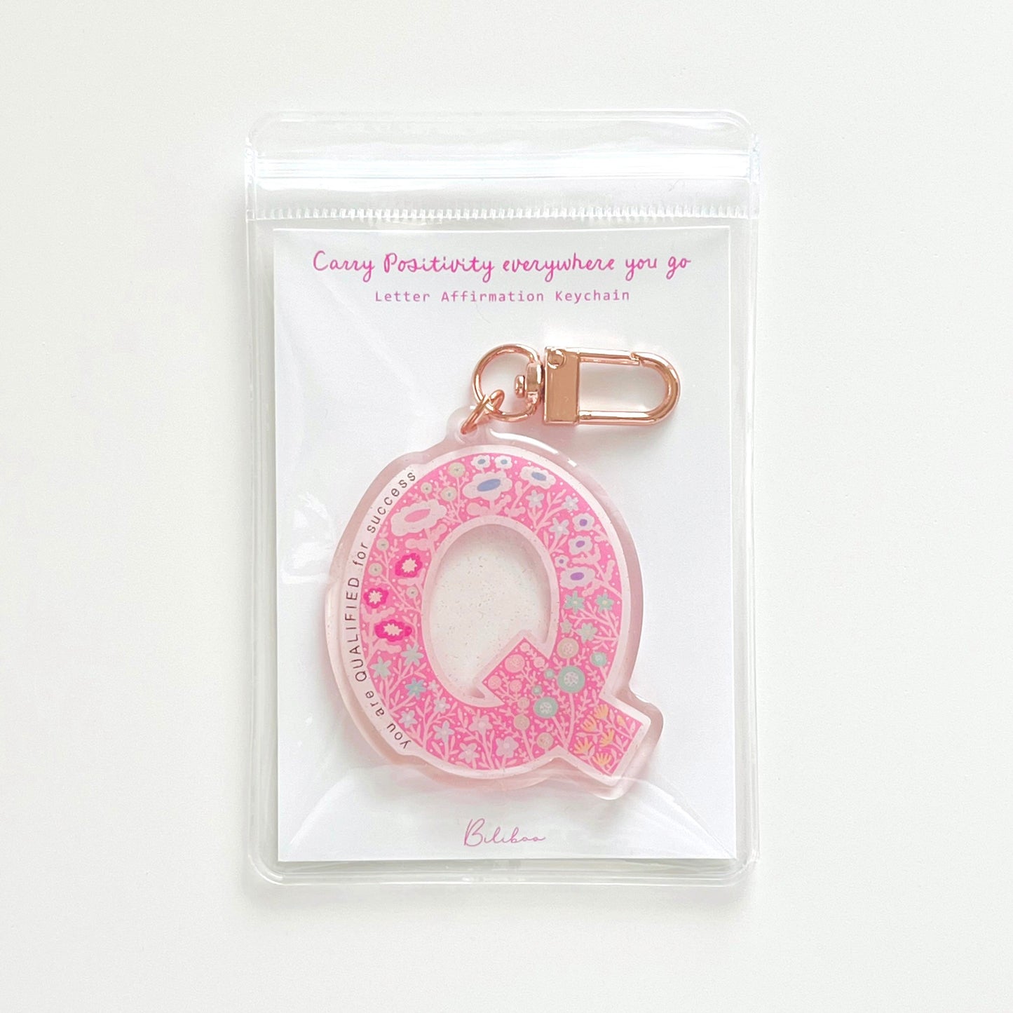 Letter Q Affirmation Keychain – QUALIFIED Floral Acrylic Charm