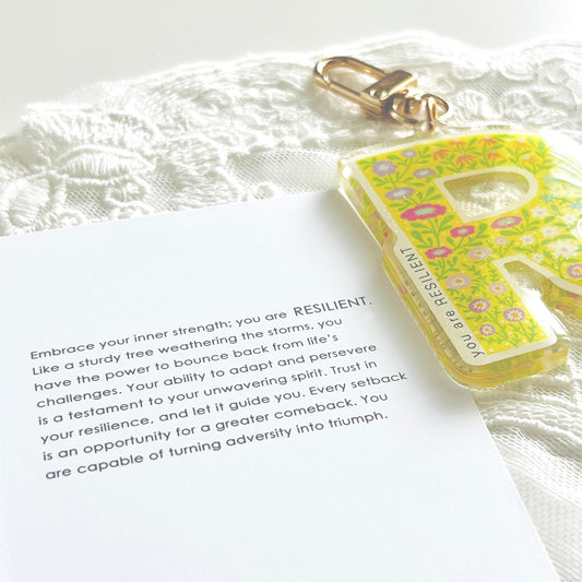 Letter R Affirmation Keychain – RESILIENT Floral Acrylic Charm