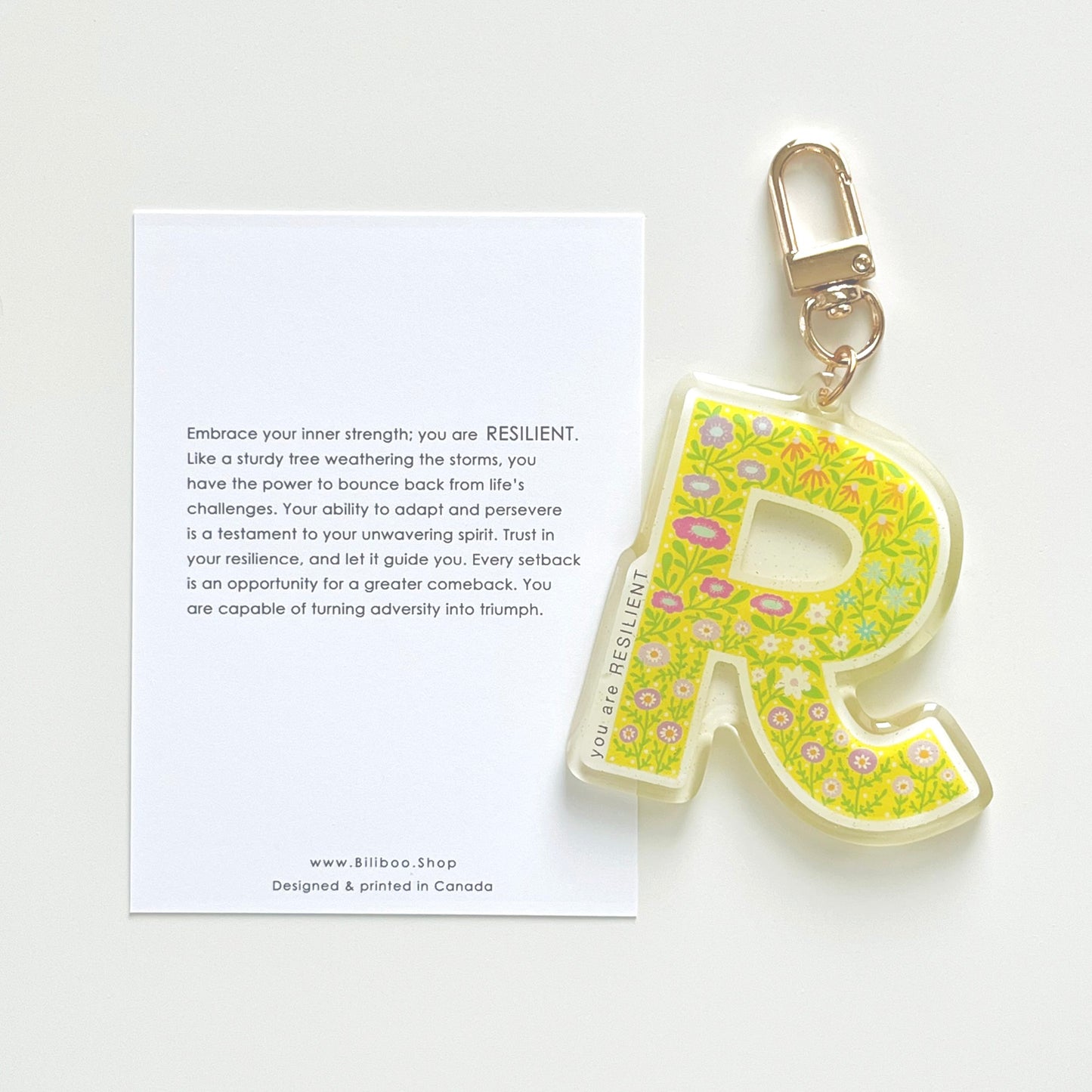Letter R Affirmation Keychain – RESILIENT Floral Acrylic Charm
