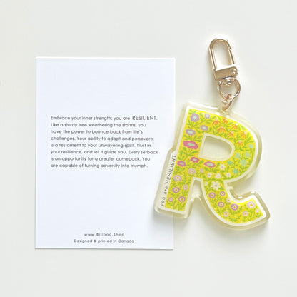 Letter R Affirmation Keychain – RESILIENT Floral Acrylic Charm