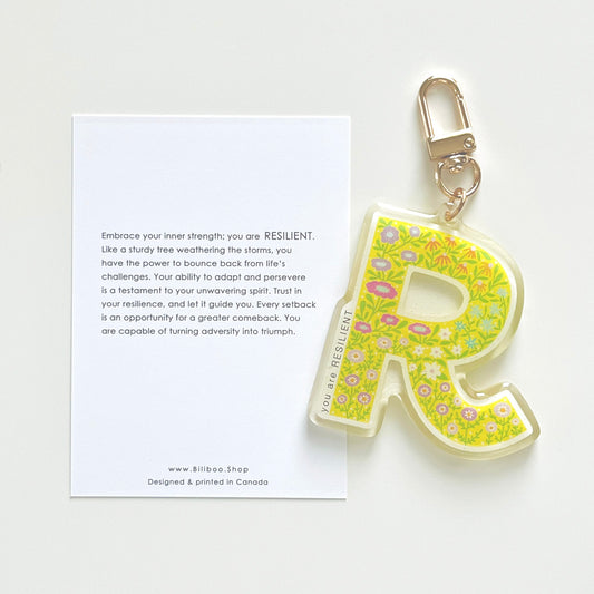 Letter R Affirmation Keychain – RESILIENT Floral Acrylic Charm