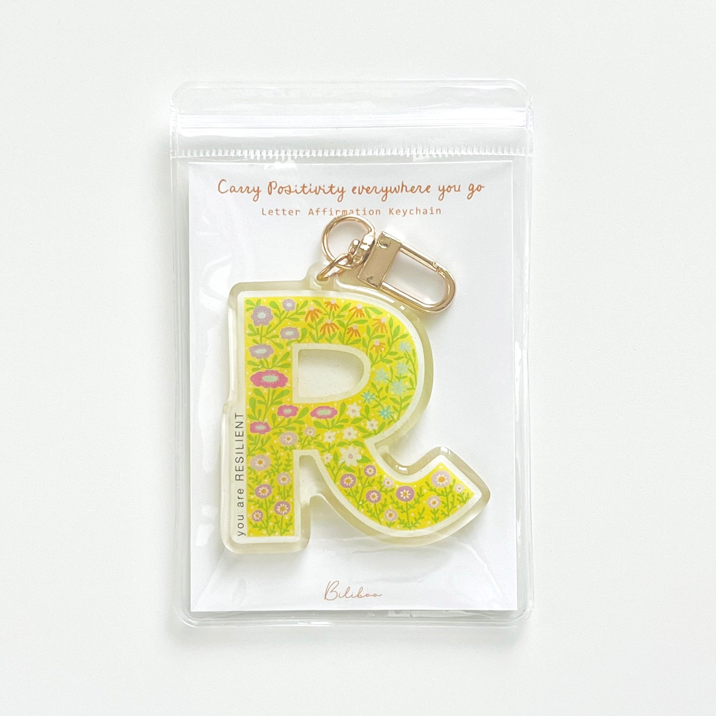 Letter R Affirmation Keychain – RESILIENT Floral Acrylic Charm