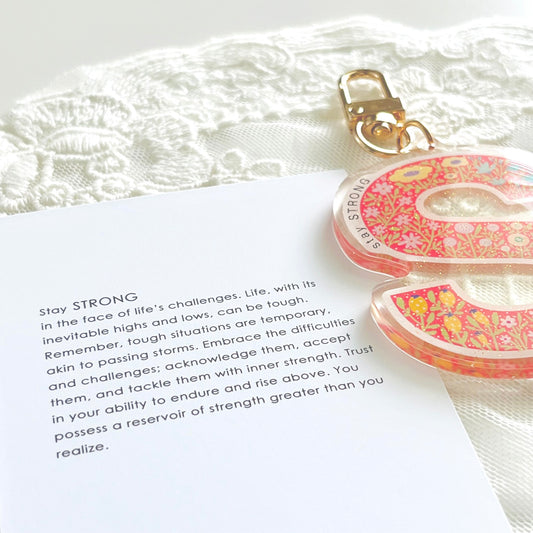 Letter S Affirmation Keychain – STRONG Floral Acrylic Charm