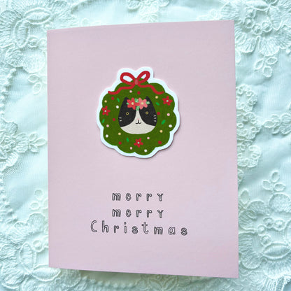 Christmas Cat Sticker Card - Pink