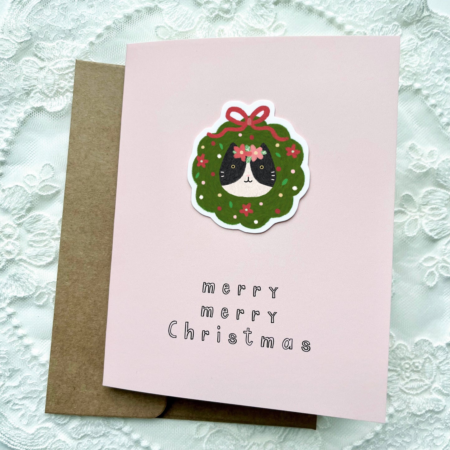 Christmas Cat Sticker Card - Pink