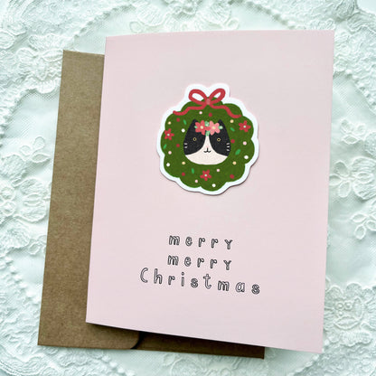 Christmas Cat Sticker Card - Pink