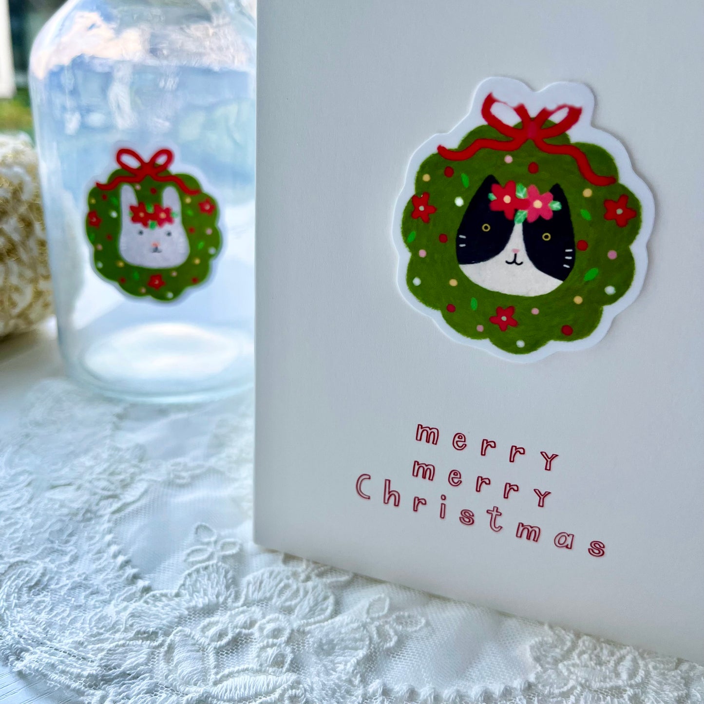 Christmas Cat Sticker Card - White