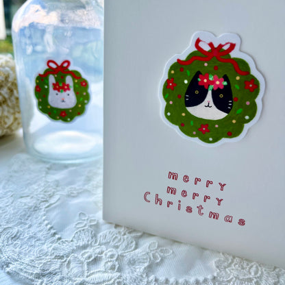 Christmas Cat Sticker Card - White