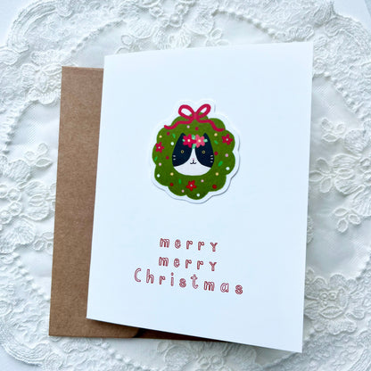 Christmas Cat Sticker Card - White