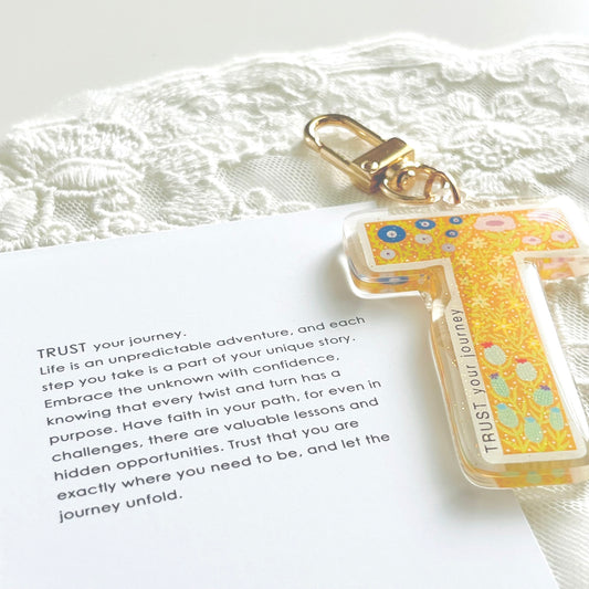 Letter T Affirmation Keychain – TRUST Floral Acrylic Charm
