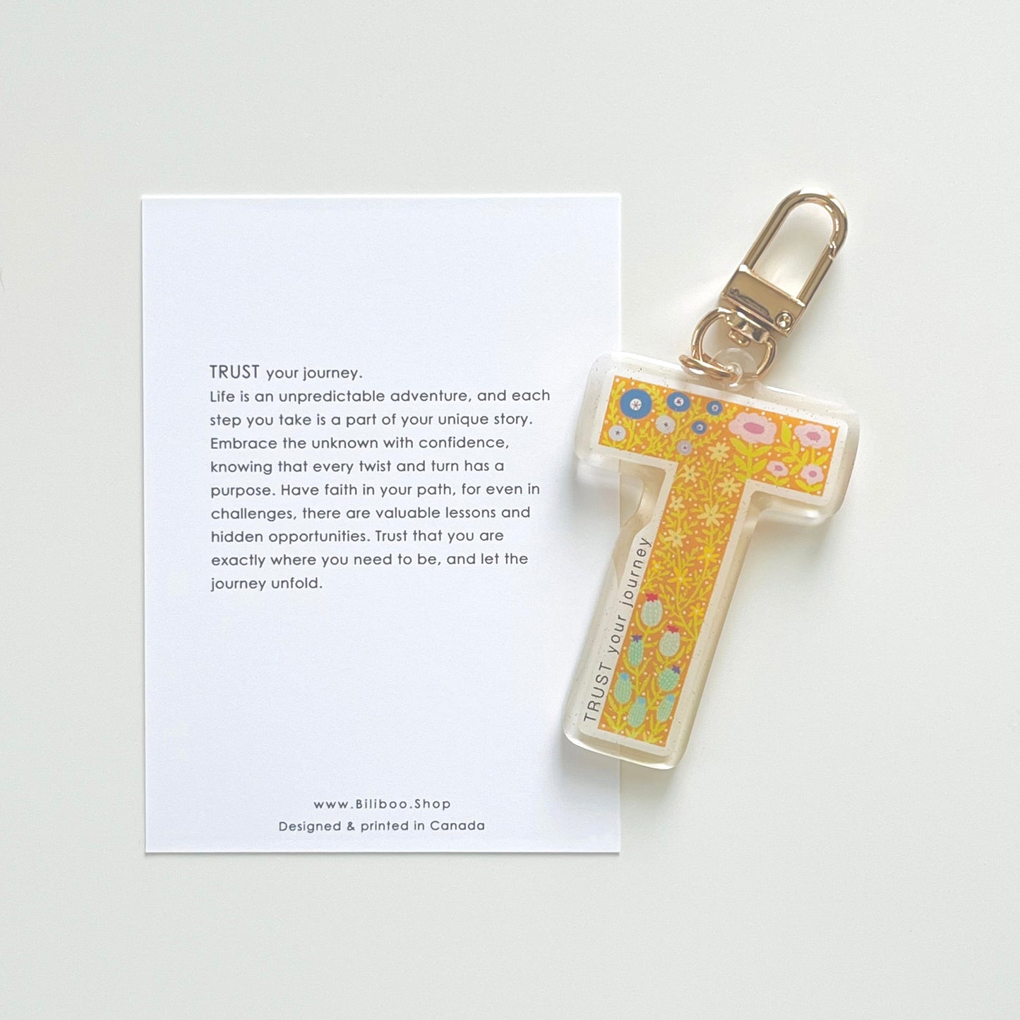 Letter T Affirmation Keychain – TRUST Floral Acrylic Charm