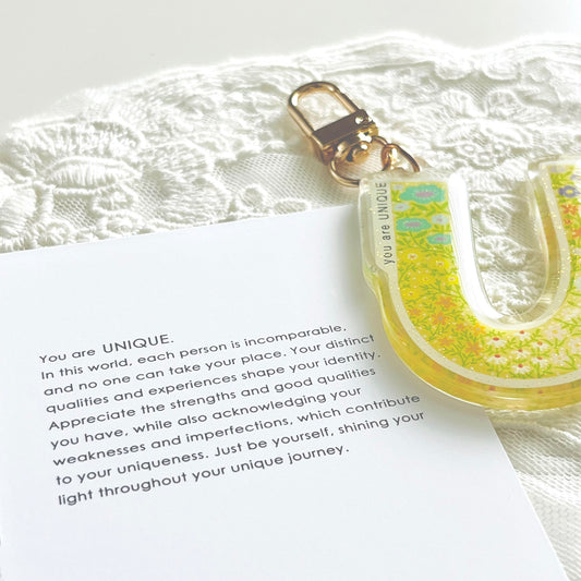 Letter U Affirmation Keychain – UNIQUE Floral Acrylic Charm