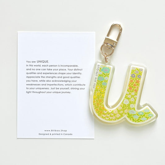 Letter U Affirmation Keychain – UNIQUE Floral Acrylic Charm