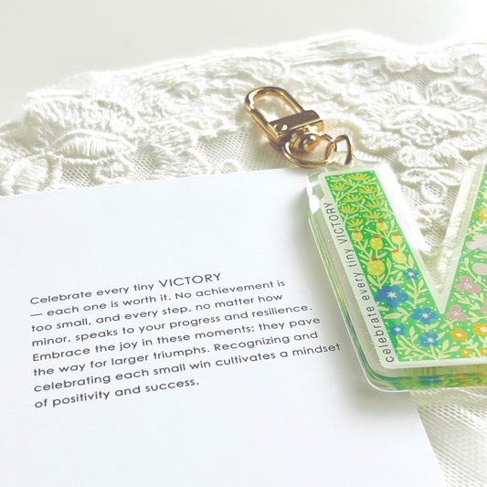 Letter V Affirmation Keychain – VICTORY Floral Acrylic Charm