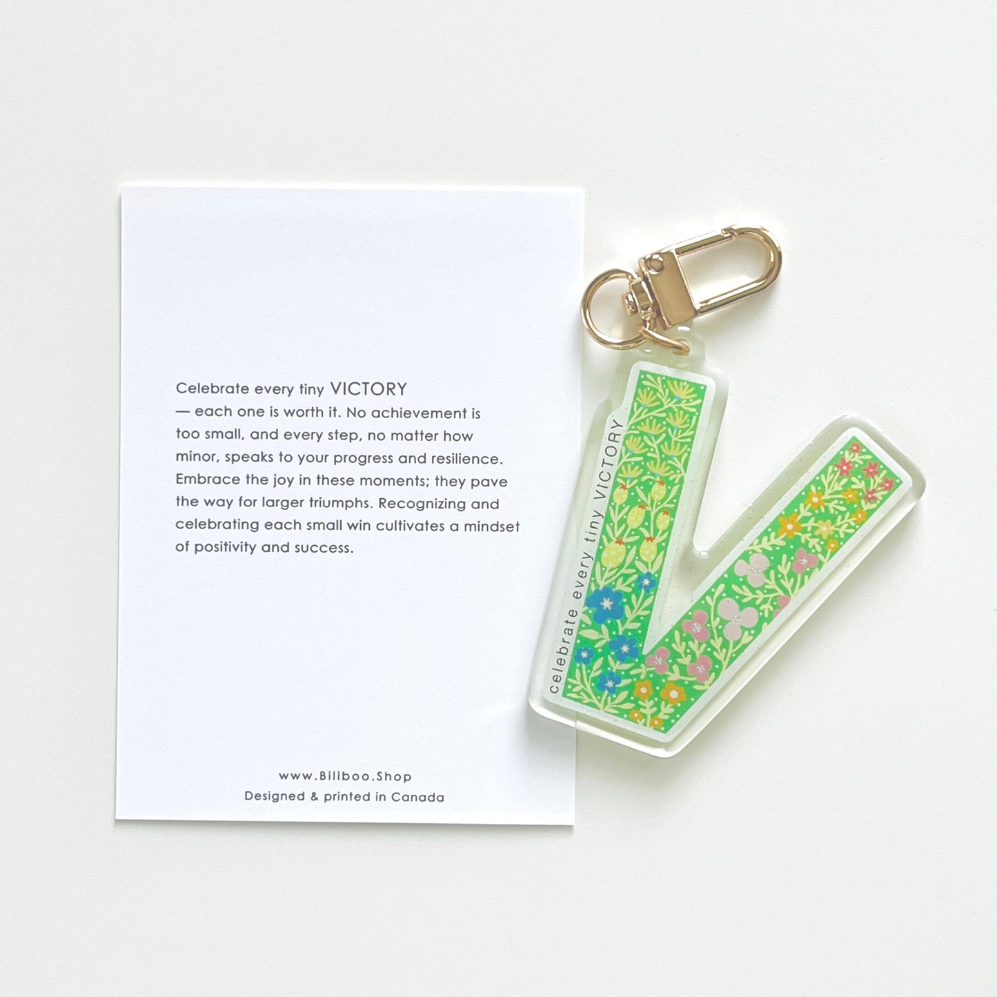 Letter V Affirmation Keychain – VICTORY Floral Acrylic Charm