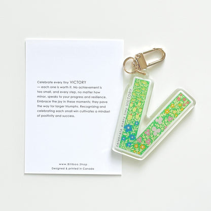 Letter V Affirmation Keychain – VICTORY Floral Acrylic Charm