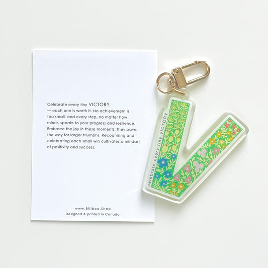 Letter V Affirmation Keychain – VICTORY Floral Acrylic Charm