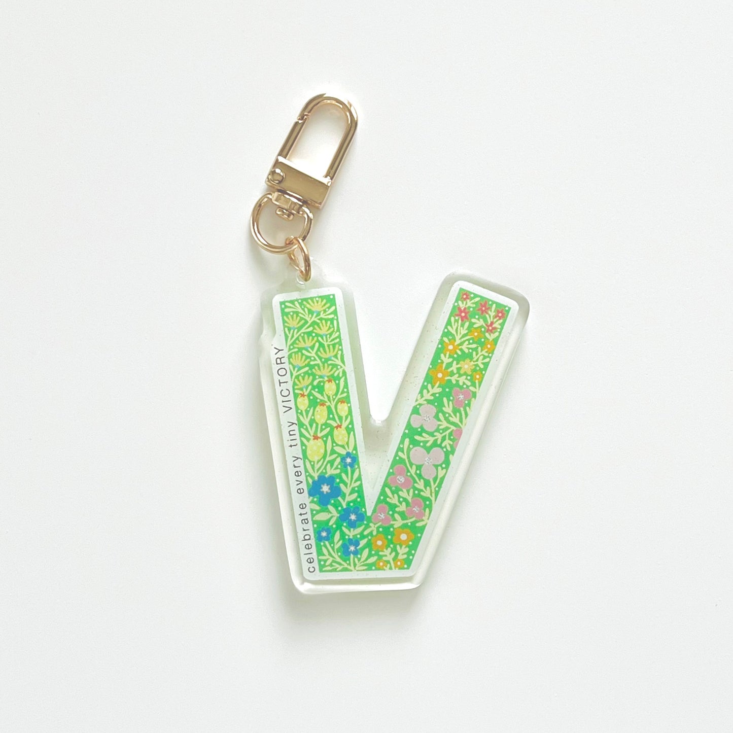 Letter V Affirmation Keychain – VICTORY Floral Acrylic Charm