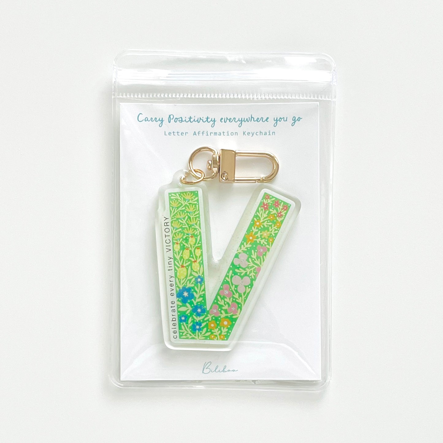 Letter V Affirmation Keychain – VICTORY Floral Acrylic Charm