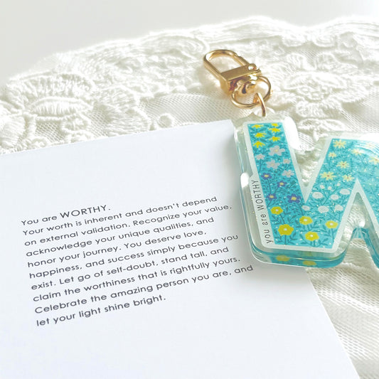 Letter W Affirmation Keychain – WORTHY Floral Acrylic Charm