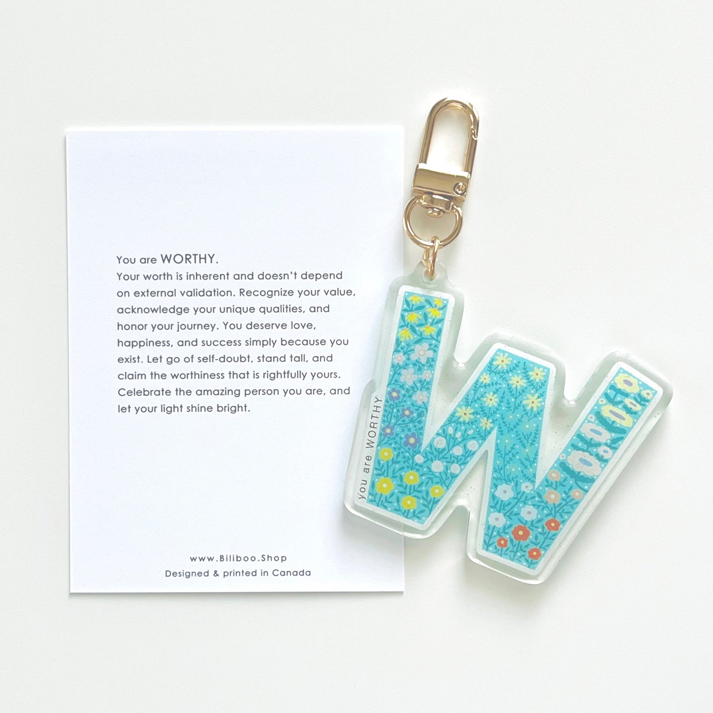 Letter W Affirmation Keychain – WORTHY Floral Acrylic Charm
