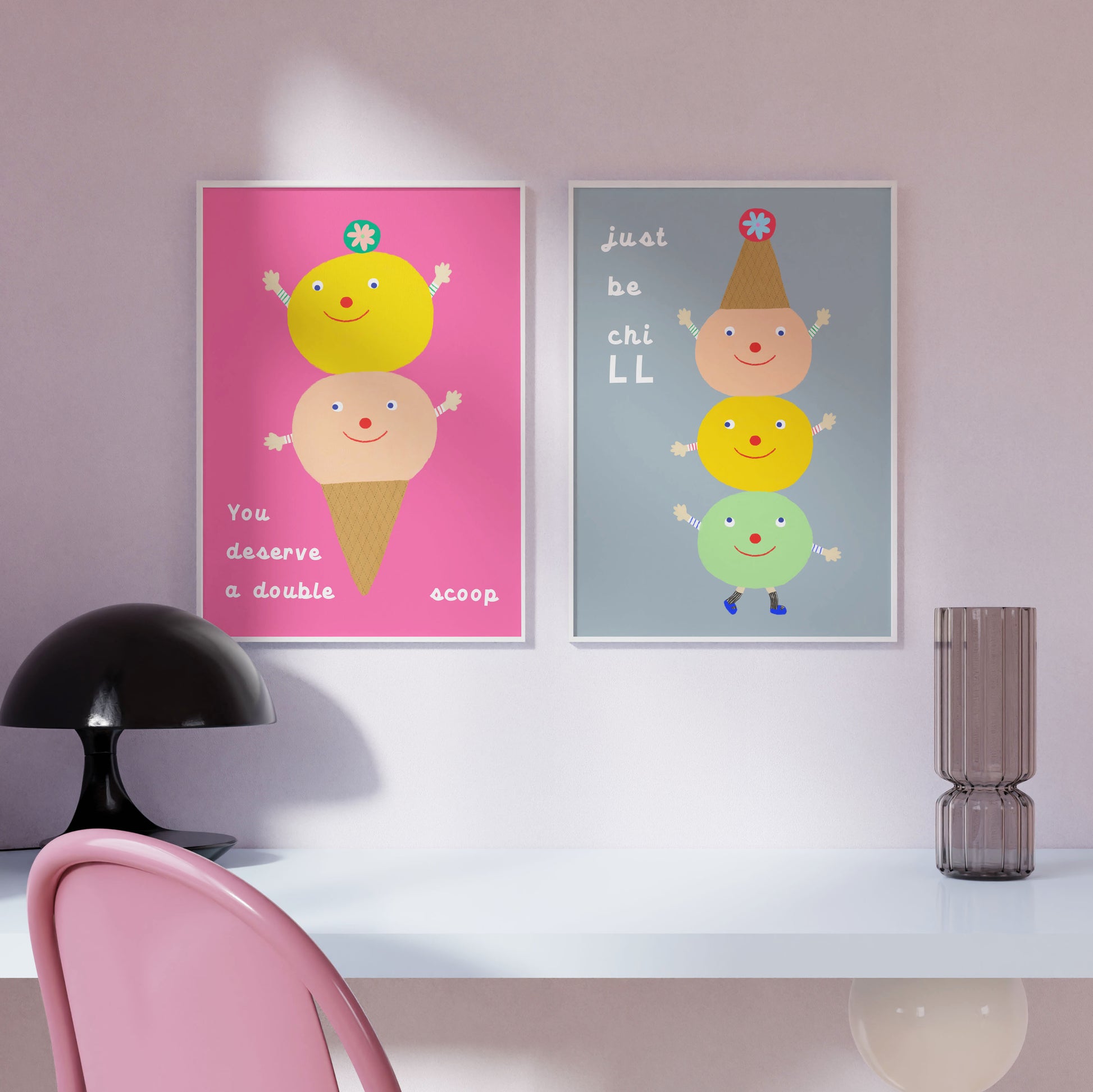 Mock-up featuring the ‘Just Be Chill’ poster side by side with ‘You Deserve a Double Scoop’ poster from Biliboo Shop’s haPPy scOOp Collection.