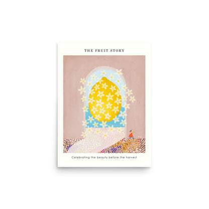Lemon Poster from The Fruit Story showing a bright yellow lemon covered in white blossoms within a blue arched window, with a printed message below.