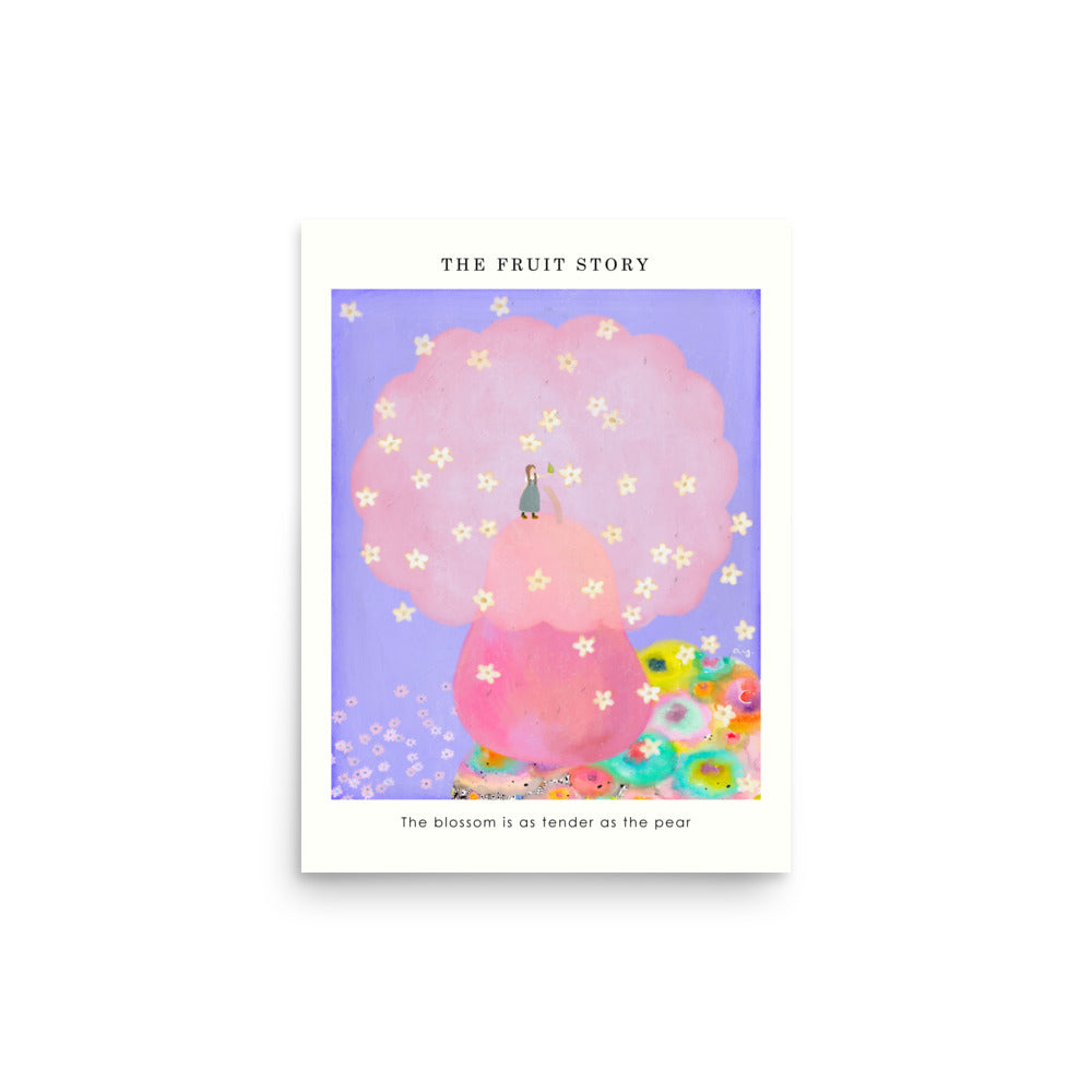 Pear Poster from The Fruit Story showing a large pink pear tree covered in small blossoms, with a tiny figure holding a pear and a printed message below.