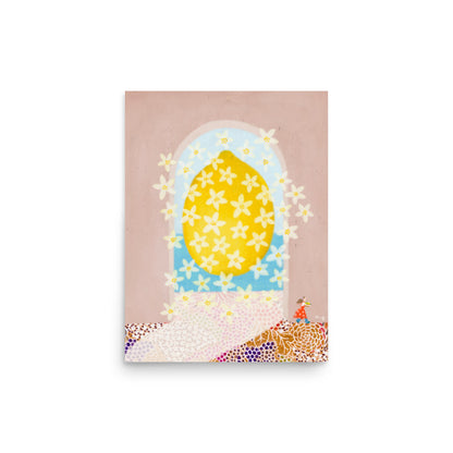 Lemon Illustration Poster from The Fruit Story showing a bright yellow lemon covered in white blossoms within a blue arched window on a soft pink background.