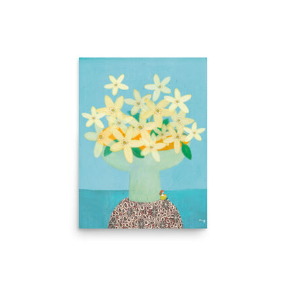 Orange Illustration Poster from The Fruit Story showing pale yellow orange blossoms in a light green vase on a patterned table against a turquoise background.