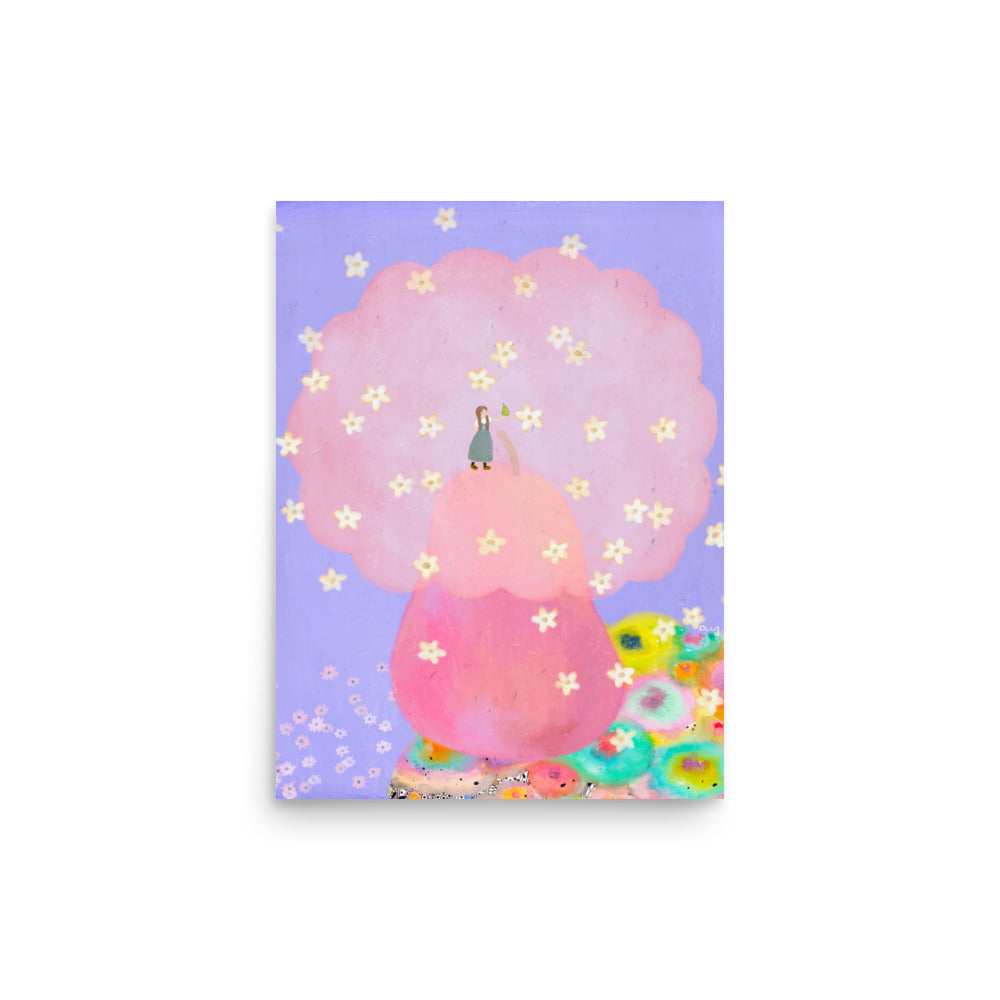 Pear Illustration Poster from The Fruit Story showing a large pink pear tree covered in small blossoms, with a tiny figure holding a pear against a lavender background.