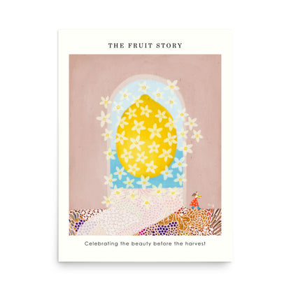 Lemon Poster from The Fruit Story showing a bright yellow lemon covered in white blossoms within a blue arched window, with a printed message below.