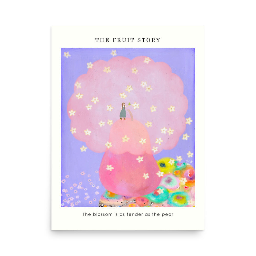 Pear Poster from The Fruit Story showing a large pink pear tree covered in small blossoms, with a tiny figure holding a pear and a printed message below.