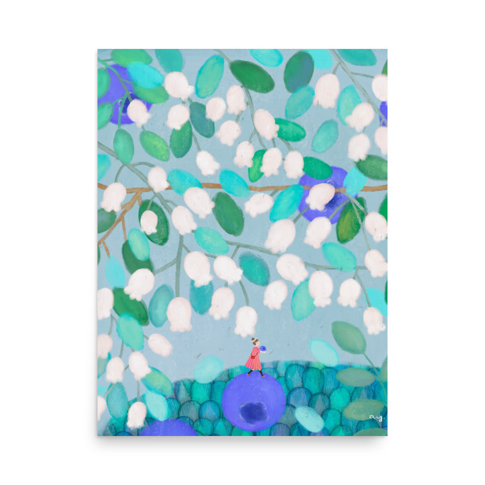 Blueberry Illustration Poster from The Fruit Story showing white bell-shaped blossoms, teal leaves, and a tiny figure on a blueberry against a pale blue background.