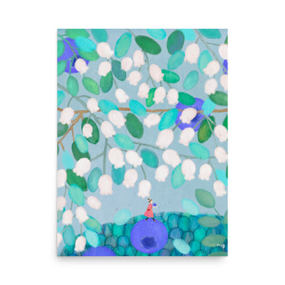 Blueberry Illustration Poster from The Fruit Story showing white bell-shaped blossoms, teal leaves, and a tiny figure on a blueberry against a pale blue background.
