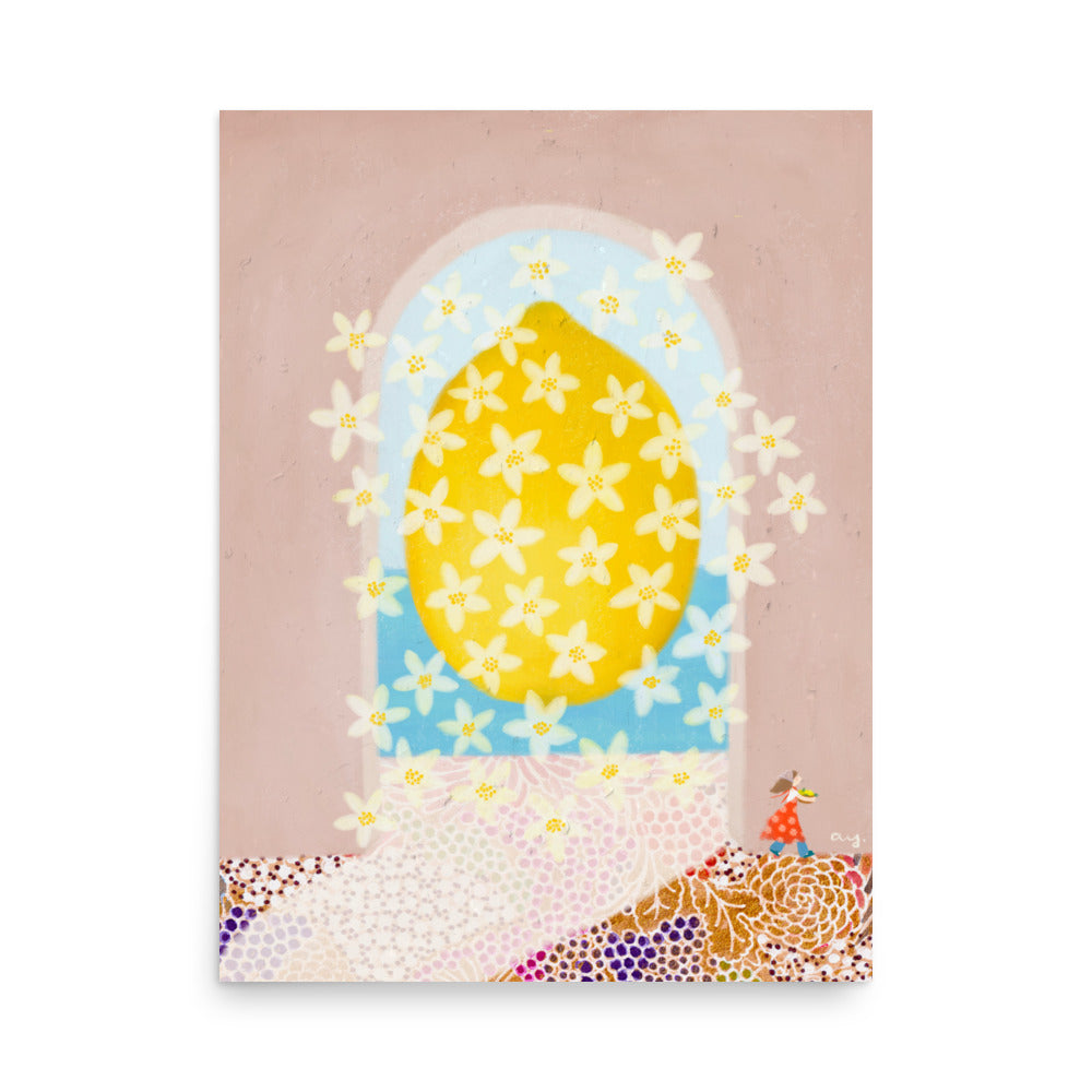 Lemon Illustration Poster from The Fruit Story showing a bright yellow lemon covered in white blossoms within a blue arched window on a soft pink background.