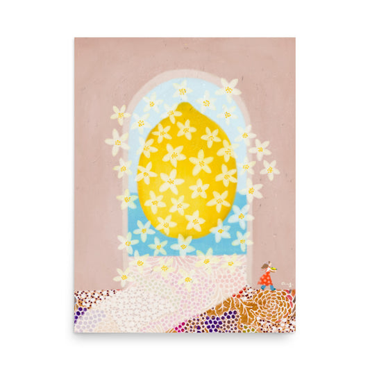 Lemon Illustration Poster from The Fruit Story showing a bright yellow lemon covered in white blossoms within a blue arched window on a soft pink background.