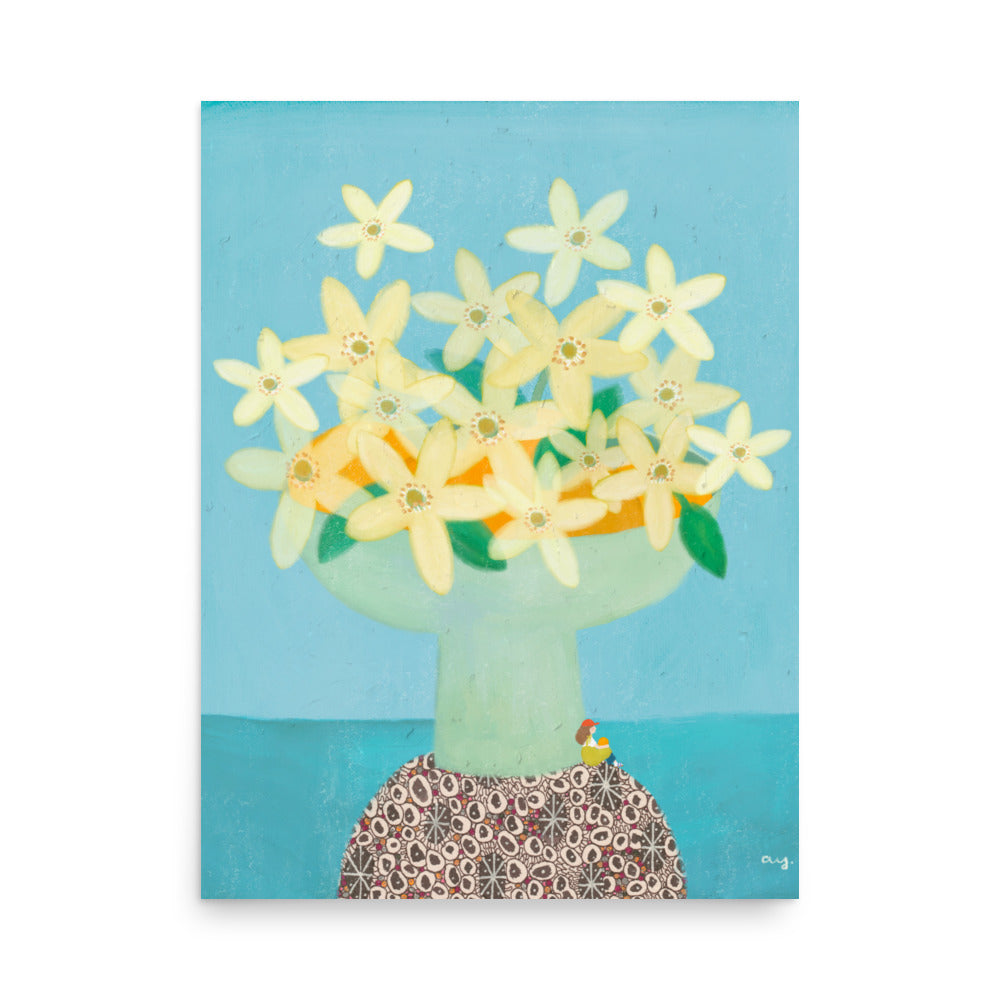 Orange Illustration Poster from The Fruit Story showing pale yellow orange blossoms in a light green vase on a patterned table against a turquoise background.