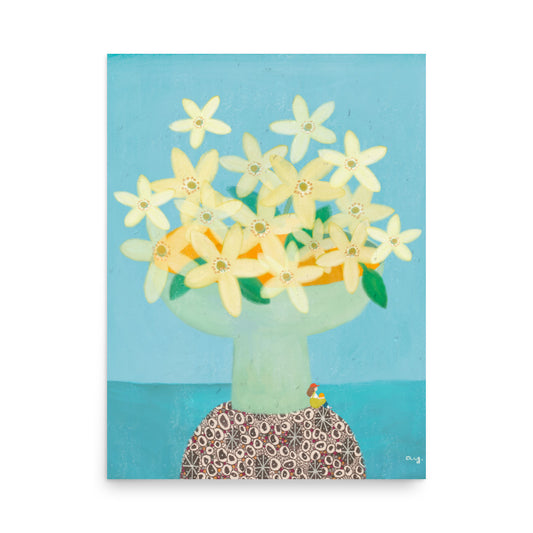 Orange Illustration Poster from The Fruit Story showing pale yellow orange blossoms in a light green vase on a patterned table against a turquoise background.