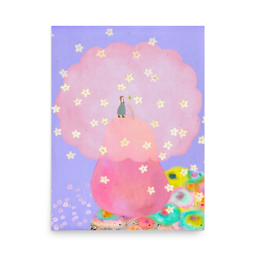 Pear Illustration Poster from The Fruit Story showing a large pink pear tree covered in small blossoms, with a tiny figure holding a pear against a lavender background.