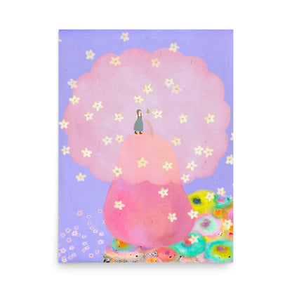 Pear Illustration Poster from The Fruit Story showing a large pink pear tree covered in small blossoms, with a tiny figure holding a pear against a lavender background.